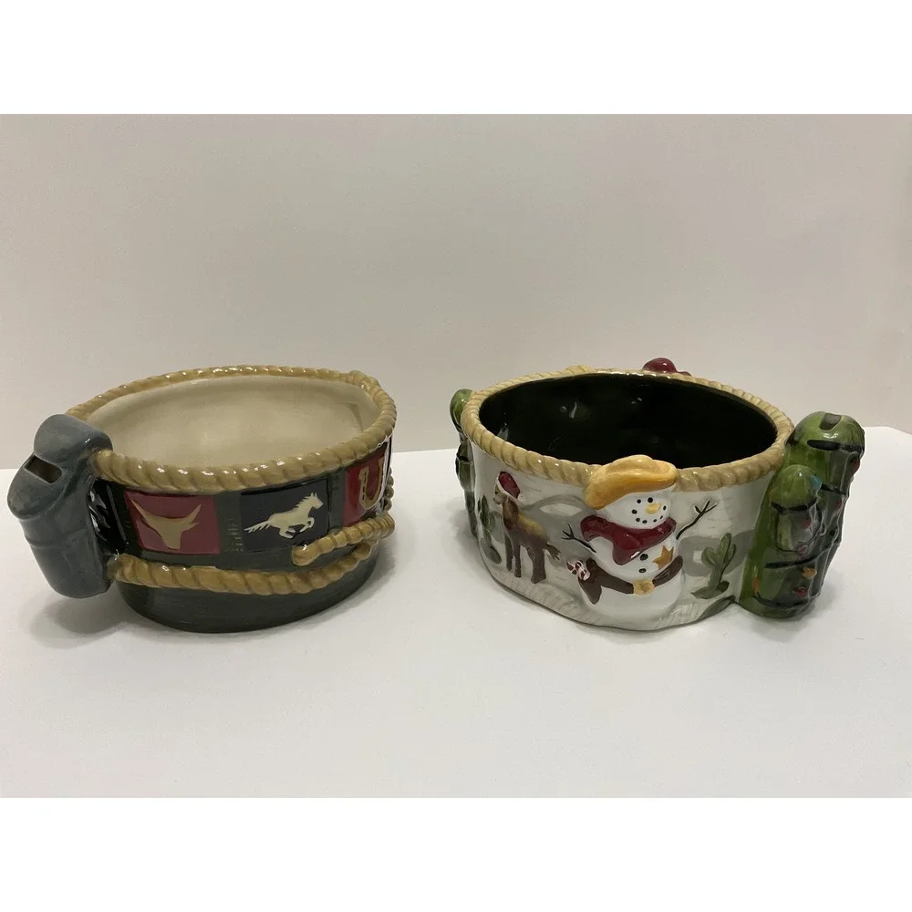 Sonoma Happy Trails‎ Western Holiday Ceramic Bowl Set Cowboy Snowman Cactus 2pc